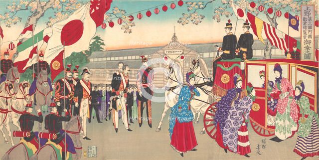Visit of the Empress to the Third National Industrial Promotional Exhibition at Ueno Park ..., 1889. Creator: Chikanobu Yoshu.