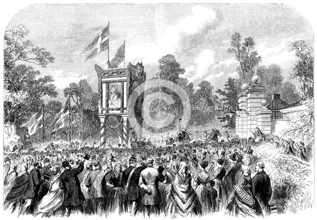 Visit of the Prince and Princess of Wales to Denmark: arrival at the Castle of Bernstorf, 1864. Creator: Mason Jackson.