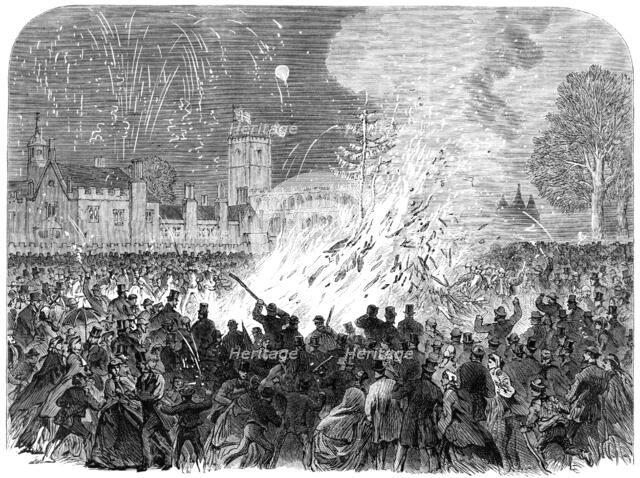 Visit of the Prince and Princess of Wales to Melford Hall, Suffolk: the bonfire on the Green, 1865. Creator: Unknown.