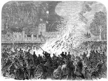 Visit of the Prince and Princess of Wales to Melford Hall, Suffolk: the bonfire on the Green, 1865. Creator: Unknown