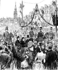 Visit of the Queen to Waddesdon Manor...: receiving a bouquet in the Market Square, Aylesbury, 1890. Creator: R. Taylor