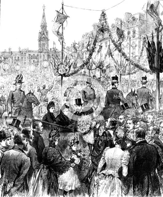 Visit of the Queen to Waddesdon Manor...: receiving a bouquet in the Market Square, Aylesbury, 1890. Creator: R. Taylor.