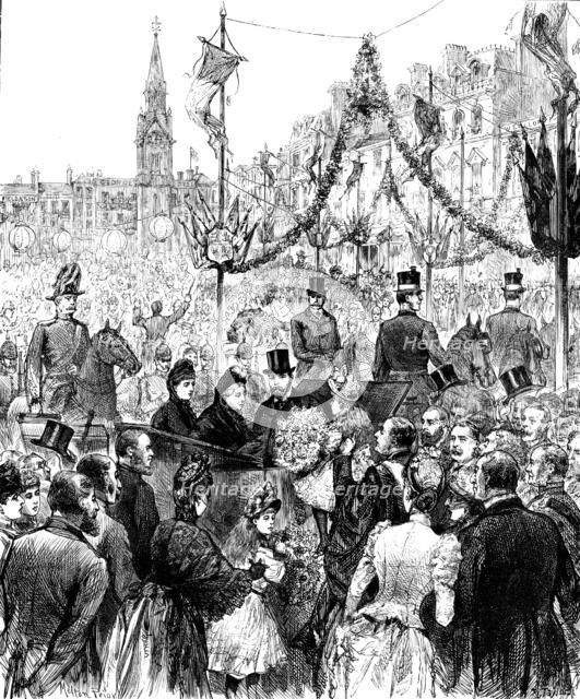Visit of the Queen to Waddesdon Manor...: receiving a bouquet in the Market Square, Aylesbury, 1890. Creator: R. Taylor.