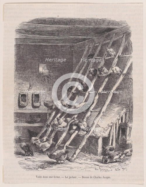 Visit to a Farm - The Roost, from "Le Magasin Pittoresque", ca. 1852. Creator: Charles Tamisier.