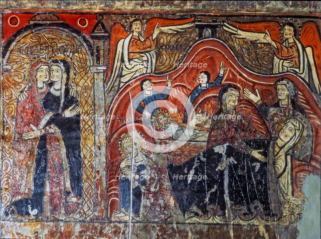  'Visitation and Nativity', detail of the front of the Iguácel altar. Painting on panel from the …