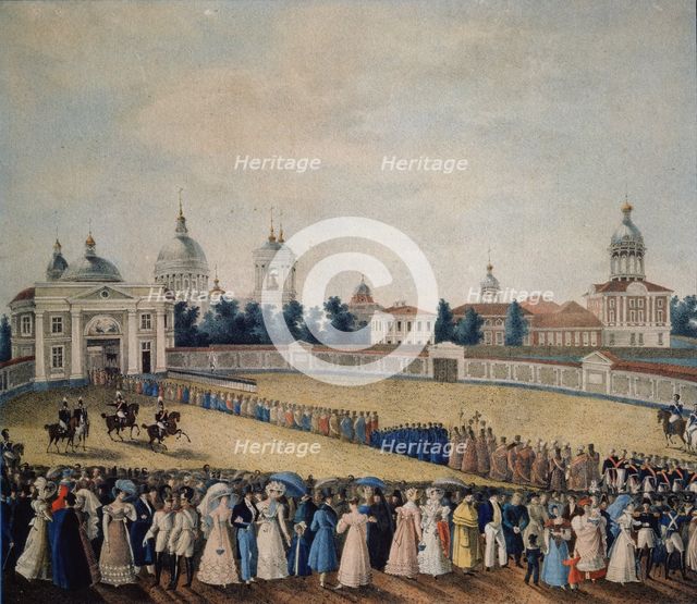 Visitation of Tsar Alexander I in the Alexander Nevsky Monastery, 1821. Artist: Russian master  