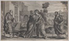 Visitation; Saint Elizabeth embracing the Virgin at center as Saint Joseph walks to..., ca. 1656-60. Creators: Pieter van Lisebetten, David Teniers II