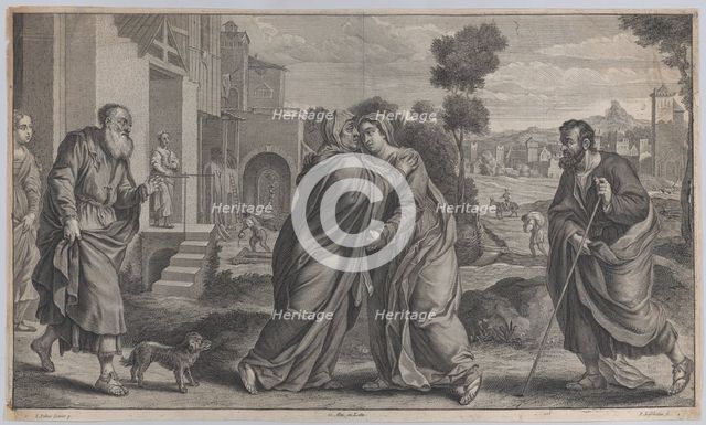 Visitation; Saint Elizabeth embracing the Virgin at center as Saint Joseph walks to..., ca. 1656-60. Creators: Pieter van Lisebetten, David Teniers II.