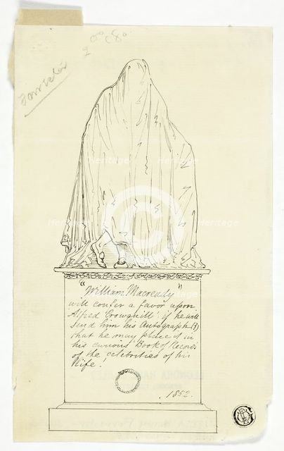 Visiting Card with Draped Monument, Artist's Inscription, 1852. Creator: Alfred Crowquill.