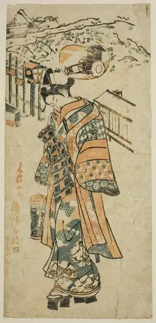 Visiting (Kayoi) - a parody of Shosho visiting Komachi, c. 1740s. Creator: Mangetsudo