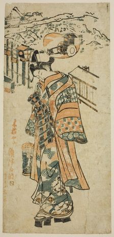 Visiting (Kayoi) - a parody of Shosho visiting Komachi, c. 1740s. Creator: Mangetsudo