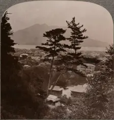 Vista from hills above Kagoshima over Lake to distant Sakurajima volcano, Japan 1904