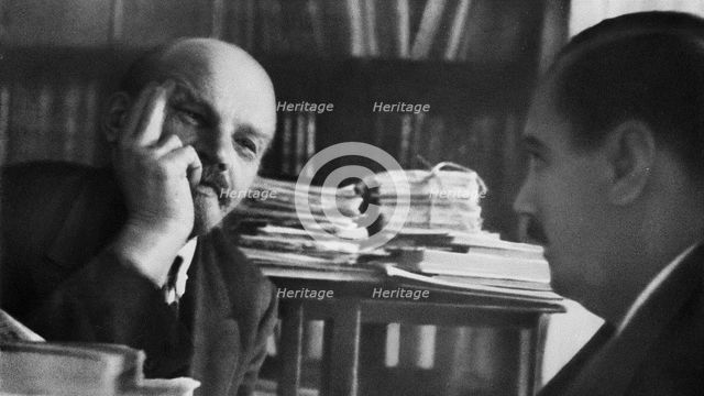 Vladimir Lenin in conversation with the writer H.G. Wells on October 5, 1920, 1920. Creator: Humphries, W. (active ca. 1920).