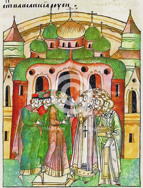 Vladimir Vsevolodovich crowned by Bishop Neophytos with Monomakh's Cap. (From the Illuminated Compil Artist: Anonymous  