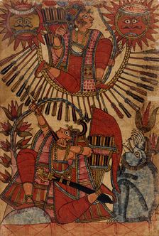Vrishaketu Shoots Babhruvahana into the Air on a Circle of Arrows (recto)..., c1850. Creator: Unknown