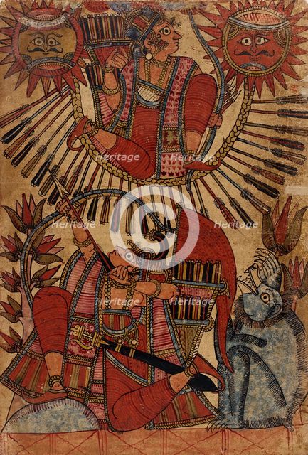 Vrishaketu Shoots Babhruvahana into the Air on a Circle of Arrows (recto)..., c1850. Creator: Unknown.
