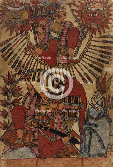 Vrishaketu Shoots Babhruvahana into the Air on a Circle of Arrows (recto)..., c1850. Creator: Unknown.