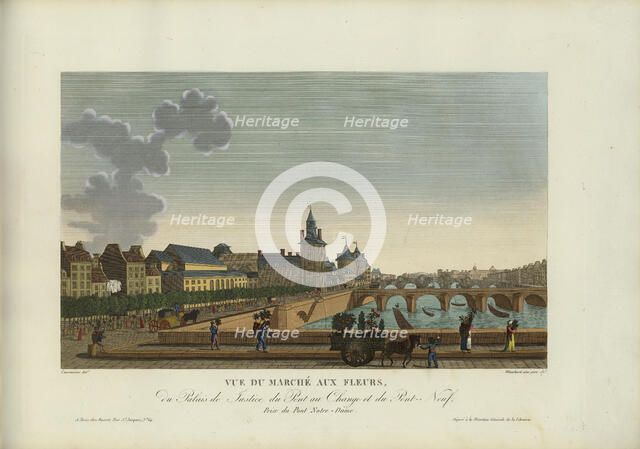Vue du marché aux Fleurs, du Palais de justice, du Pont-au-change et du Pont-Neuf..., 1817-1824. Creator: Courvoisier-Voisin, Henri (1757-1830).