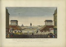 Vue du passage du cortège de Sa Majesté Louis XVIII, devant la statue de Henry IV le 3 mai 1814... Creator: Courvoisier-Voisin, Henri (1757-1830)