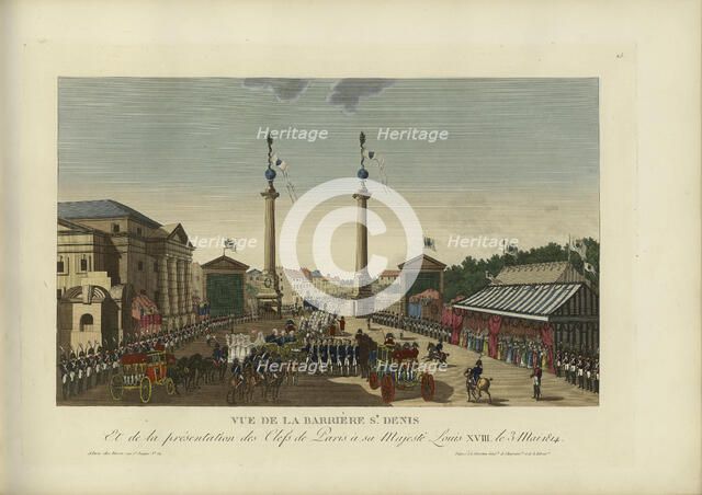 Vue de la barrière Saint-Denis, et de la présentation des clefs à Sa Majesté Louis XVIII le 3 mai... Creator: Courvoisier-Voisin, Henri (1757-1830).