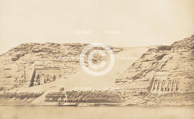 Vue générale des Spéos de Phré et d'Athor, à Abousembil, prise de l'ile, March 29, 1850. Creator: Maxime du Camp.