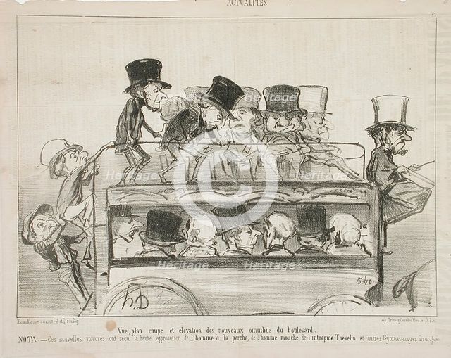 Vue plan coupé et elévation des nouveau omnibus du boulevard, 1853. Creator: Honore Daumier.