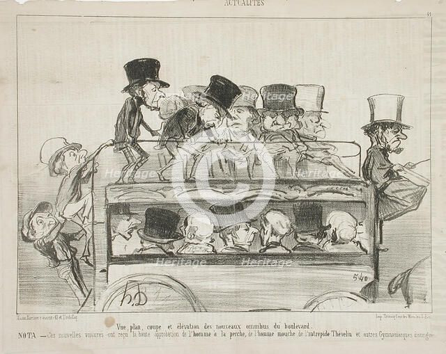 Vue plan coupé et elévation des nouveau omnibus du boulevard, 1853. Creator: Honore Daumier.