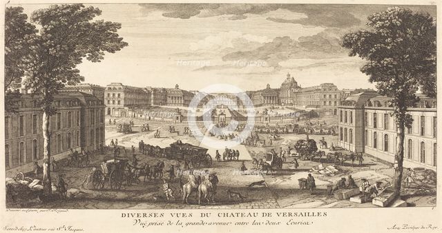 Vue Prise de la grande avenue entre les deux Ecuries. Creator: Jacques Rigaud.