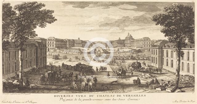 Vue Prise de la grande avenue entre les deux Ecuries. Creator: Jacques Rigaud.