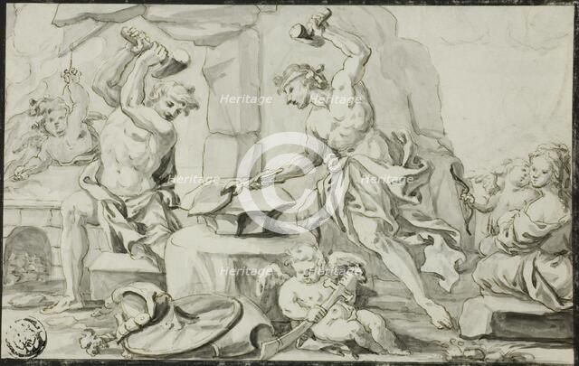 Vulcan Making Arms for Achilles, while Venus and Cupid Look On, n.d. Creator: Abraham Drentwett.