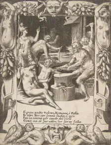 Vulcan, Neptune, Athena and other Gods making Shackles to pull Jupiter from the Heavens..., 1531-76. Creator: Giulio Bonasone