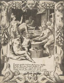 Vulcan, Neptune, Athena and other Gods making Shackles to pull Jupiter from the Heavens..., 1531-76. Creator: Giulio Bonasone