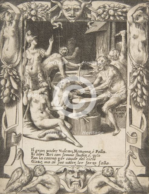 Vulcan, Neptune, Athena and other Gods making Shackles to pull Jupiter from the Heavens..., 1531-76. Creator: Giulio Bonasone.