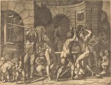 Vulcan and the Cyclopes Forging Arrows. Creator: Master FG