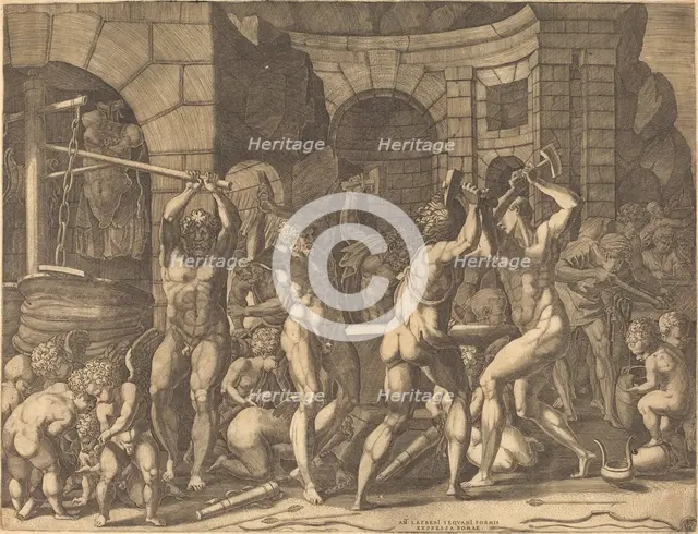 Vulcan and the Cyclopes Forging Arrows. Creator: Master FG.
