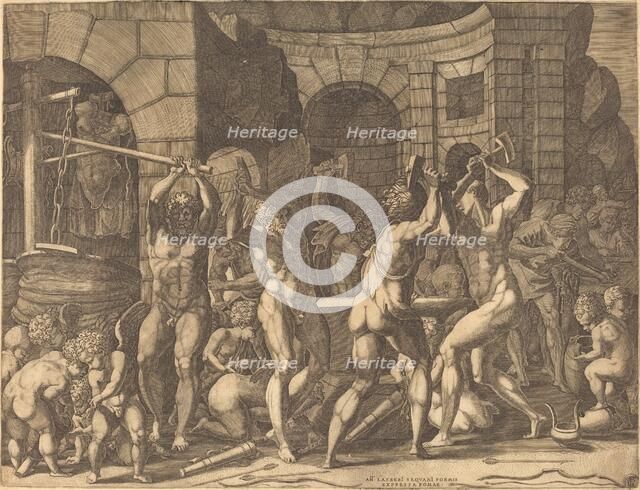 Vulcan and the Cyclopes Forging Arrows. Creator: Master FG.