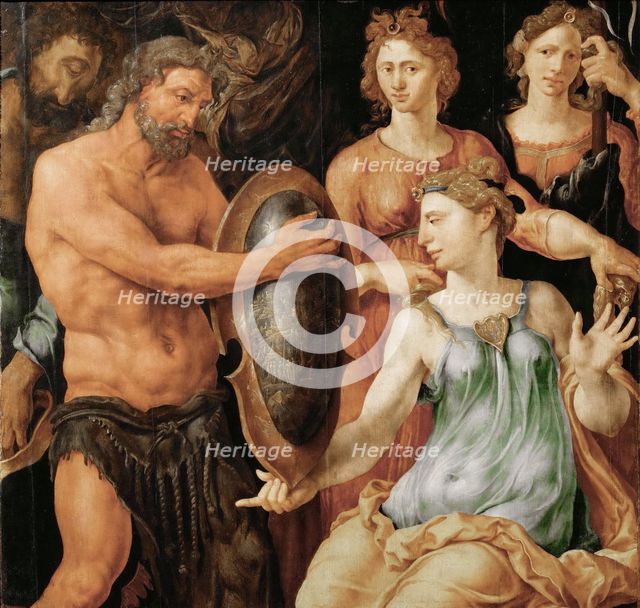 Vulcan hands Thetis the shield for Achilles.