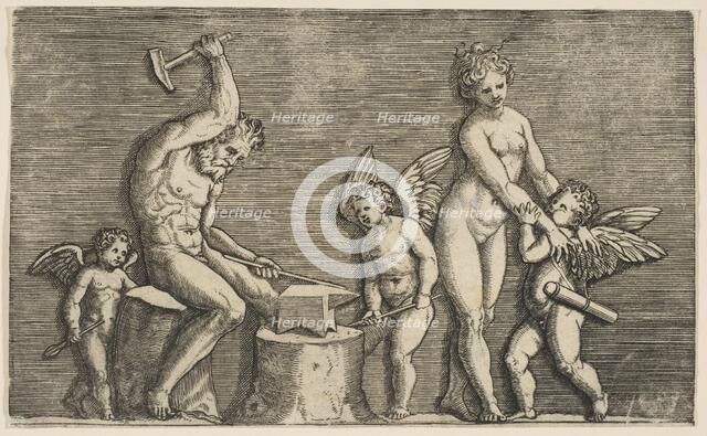 Vulcan seated hammering on an anvil flanked by Venus and three cupids, ca. 1515-27. Creator: Marco Dente.