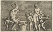 Vulcan seated hammering on an anvil flanked by Venus and three cupids, ca. 1515-27. Creator: Marco Dente