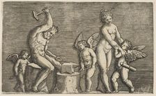 Vulcan seated hammering on an anvil flanked by Venus and three cupids, ca. 1515-27. Creator: Marco Dente