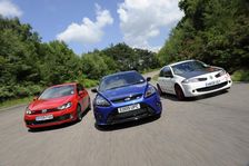 VW Golf GTi Renault Megane Sport R26R and Ford Focus RS 2009. Artist: Simon Clay
