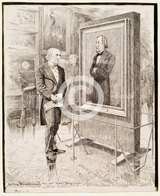 W.E. Gladstone Looking at a Portrait of Disraeli, Lord Beaconsfield, by Sir J.E. Millais, 1881. Creator: Edward Linley Sambourne.