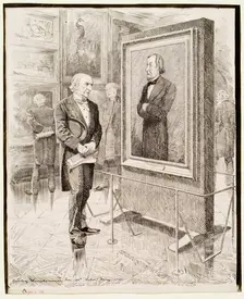 W.E. Gladstone Looking at a Portrait of Disraeli, Lord Beaconsfield, by Sir J.E. Millais, 1881. Creator: Edward Linley Sambourne