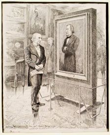 W.E. Gladstone Looking at a Portrait of Disraeli, Lord Beaconsfield, by Sir J.E. Millais, 1881. Creator: Edward Linley Sambourne