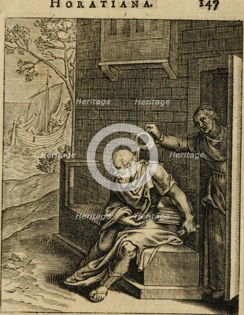 Xanthippe emptying a chamber pot over Socrates. (From Emblemata Horatiana), 1607. Artist: Veen, Otto van (1556-1629)