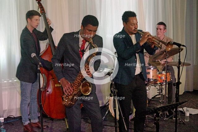 Xhosa Cole, Jay Phelps, James Owston, Xhosa Cole Quartet, Watermill Jazz Club, Dorking, Surrey, 2020 Creator: Brian O'Connor.