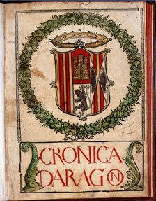 Xylographic color cover with a large coat of arms of Aragon from Crónica de Aragón ..1524. Creator: Marineo Siculo, Lucio 1460-1533 (Preceptor of Ferdinand the Catholic)