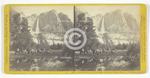 Yo-Semite Fall, (2634 feet high) from near Sentinel House, P. T. Barnum and Party, 1870. Creator: John P. Soule.