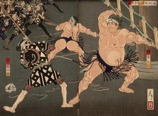 Yotsuguruma Daihachi and Kotengu Heisuke Duel during the Battle of the Wrestlers and the..., 1886. Creator: Tsukioka Yoshitoshi