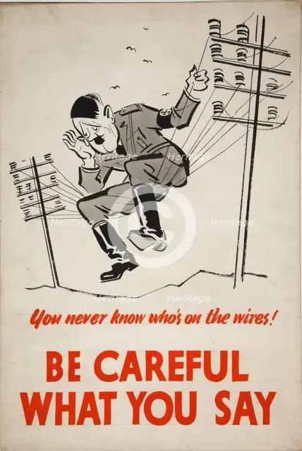 'You never know who's on the wires! Be careful what you say', WWII poster, between 1939 and 1946. Creator: Central Office of Information.